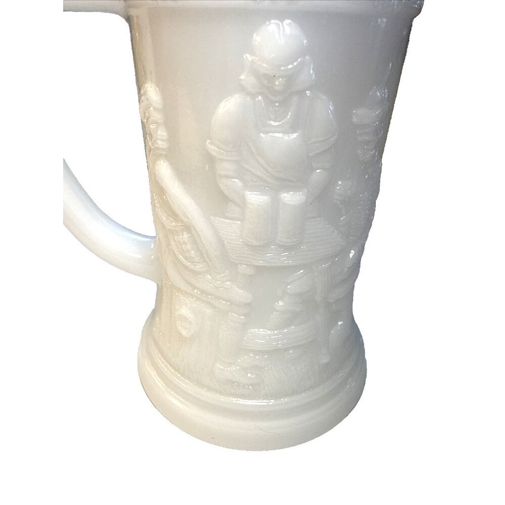 White Federal Milk Glass Vintage Stein Beer Mug Embossed Tavern Bar Pub Scene - Picture 8 of 8